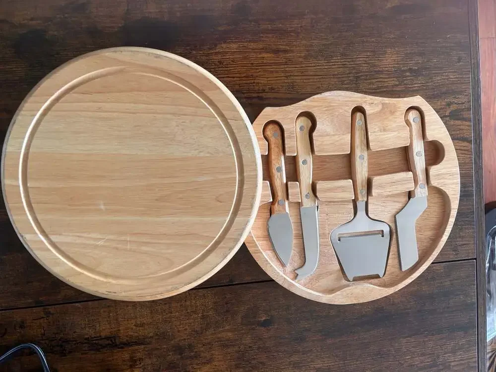 Round Wooden Swivel Cutting Board and Cheese Knife Set